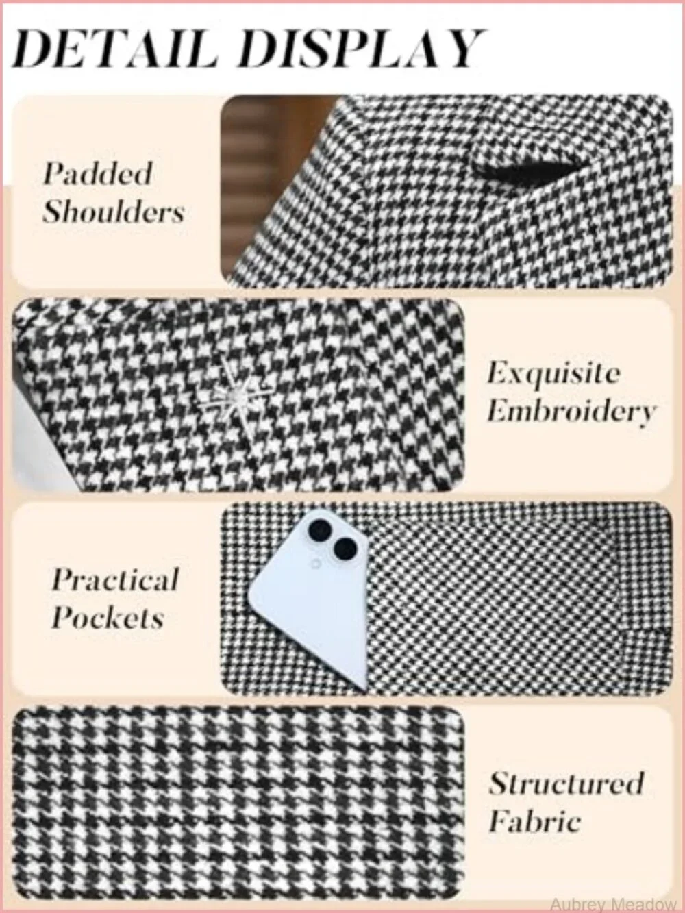 Houndstooth Plaid Blazer with Embroidered Collar - Business Casual Office